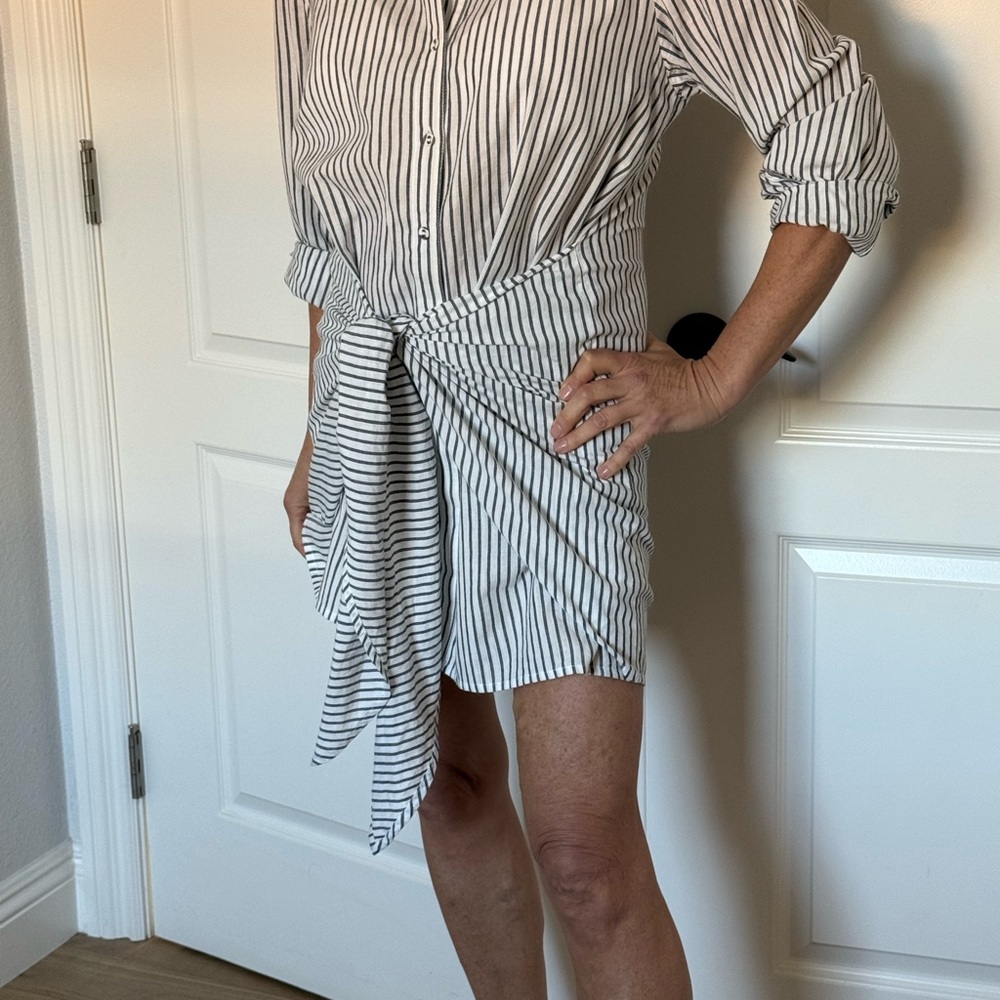 L’Academie Striped Button-Up Dress with Tie Front